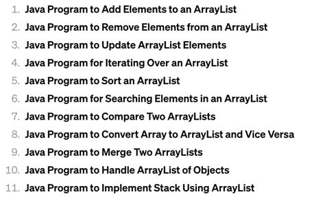 arraylist programs in java for practice.